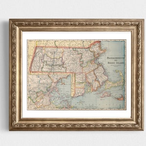 Massachusetts und Rhode Island Vintage Karte Sofort-Download - 1927 - Druckbare Karte, Hausbibliothek, Wohndekor, Wandkunst, antike Karte