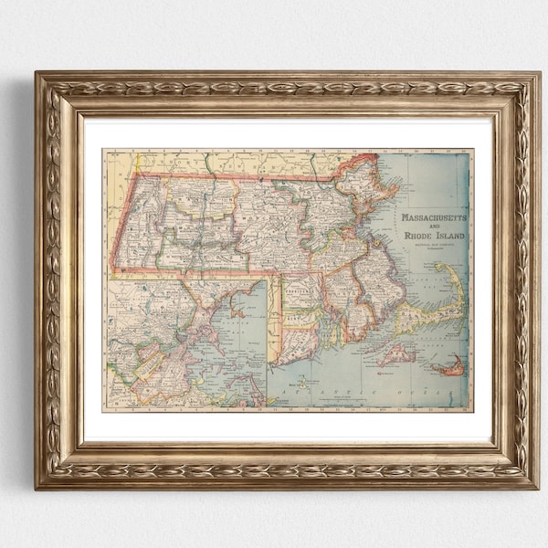 Massachusetts and Rhode Island Vintage Map Instant Download - 1927 - Printable Map, Home Library, Home Decor,  Wall Art, Antique Map
