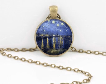 Van Gogh's "Starry Night Over the Rhone" Necklace or key ring, Starry Night Over the Rhone Necklace, Van Gogh Necklace