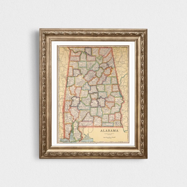 Alabama Vintage Map Instant Download - 1927 - Printable Map, Home Library, Home Decor,  Wall Art, Antique Map