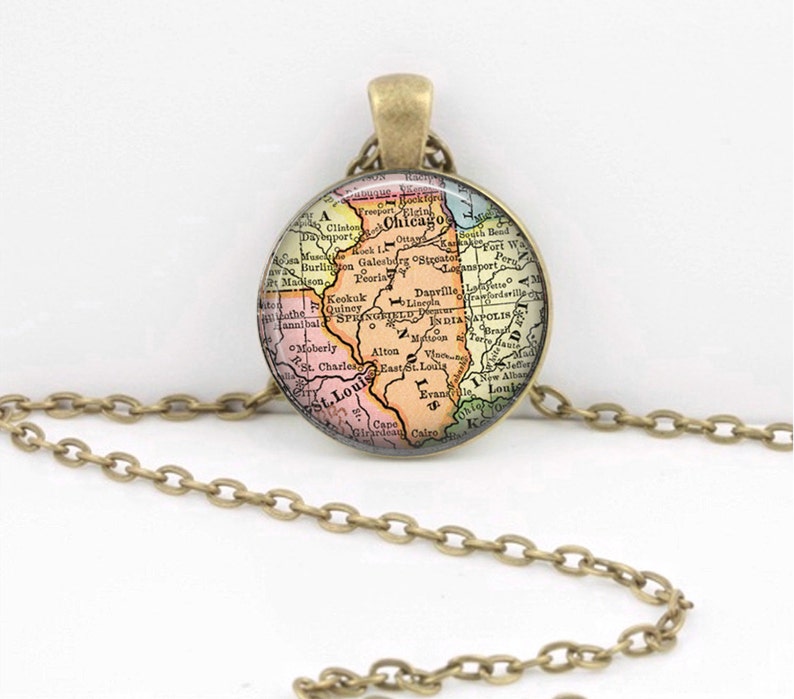 Illinois Vintage Map Geography Gift Pendant Necklace or Key Ring