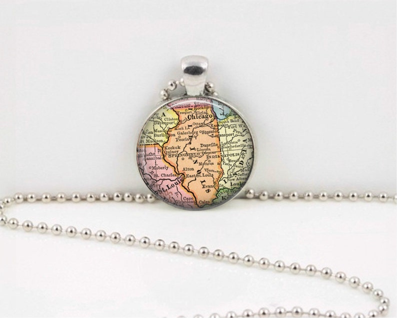 Illinois Vintage Map Geography Gift Pendant Necklace or Key Ring