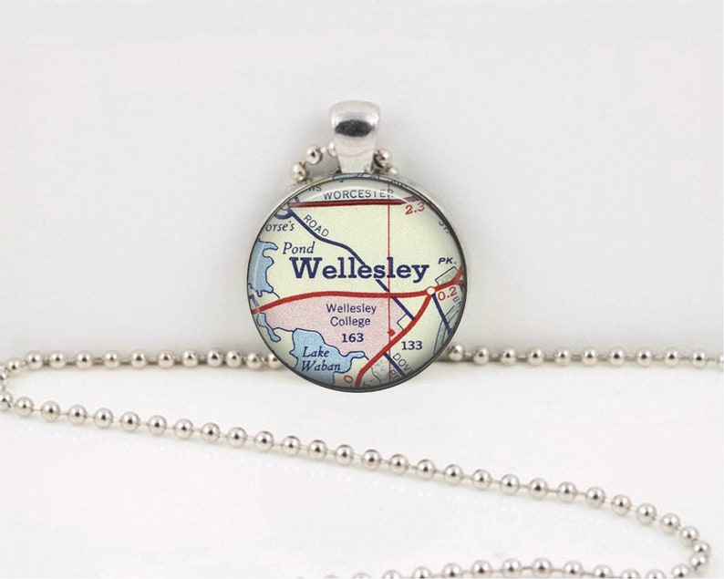 Wellesley College Massachusettes Map Geography Gift Pendant Necklace or Key Ring