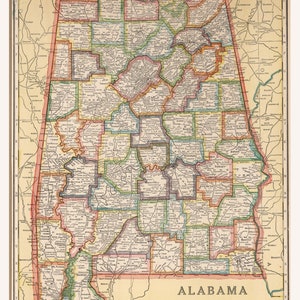 Alabama Vintage Map Instant Download 1927 Printable Map, Home Library, Home Decor, Wall Art, Antique Map image 2