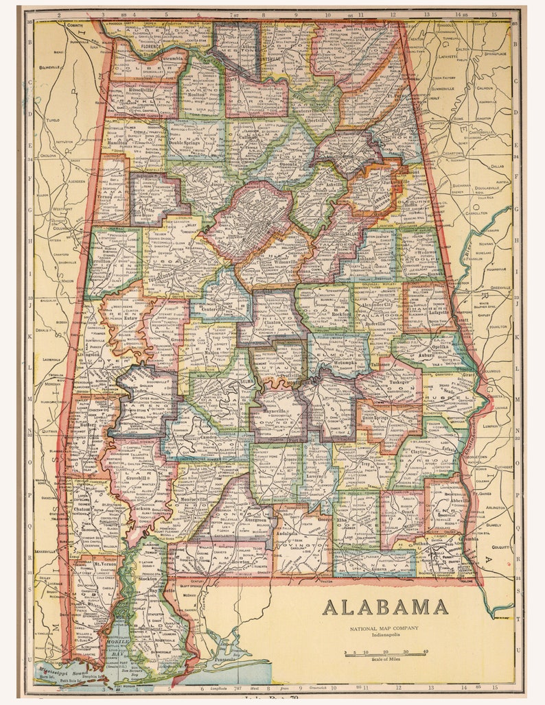 Alabama Vintage Map Instant Download 1927 Printable Map, Home Library, Home Decor, Wall Art, Antique Map image 2