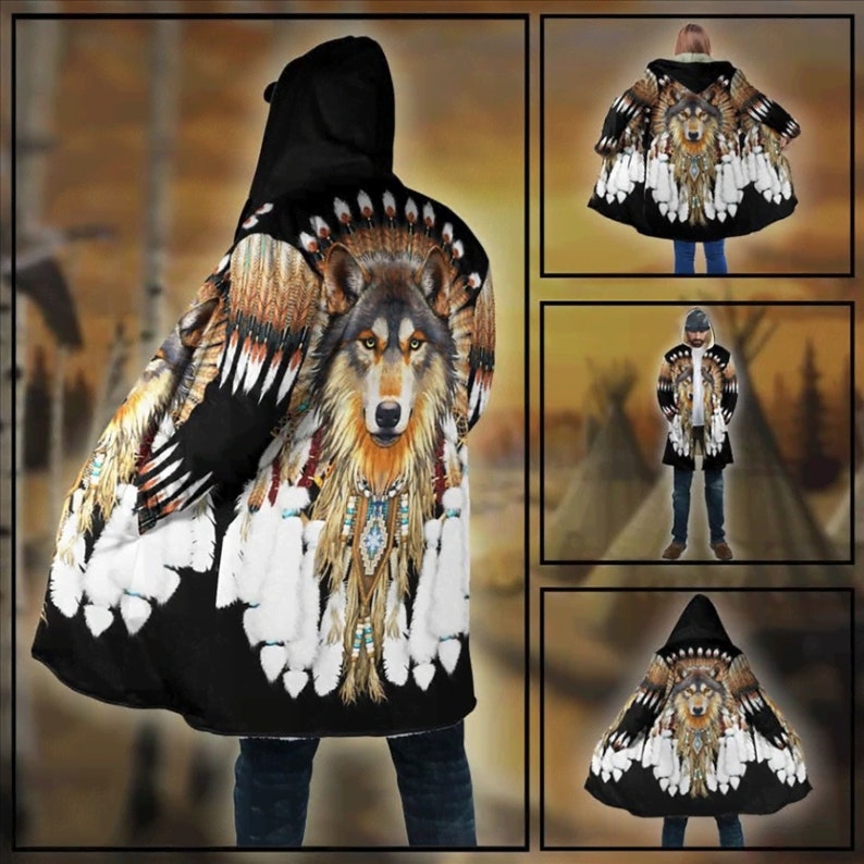 Native American Inspired Wolf Fleece Zip Hoodie All Over Print Unisex Wolf Dreamcatcher Hooded Jacket 3D For Men and Women Size S-5XL
