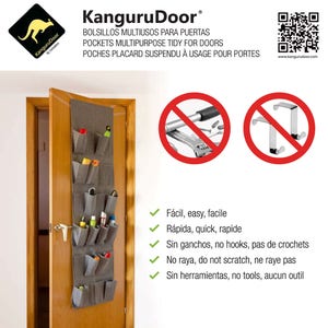 May include: A gray fabric over-the-door organizer with multiple pockets, hanging on a wooden door. The organizer is filled with various items, including shoes, bottles, and other small objects. The image also shows two icons: a red circle with a wrench and a screwdriver crossed out, and a red circle with two silver hooks.