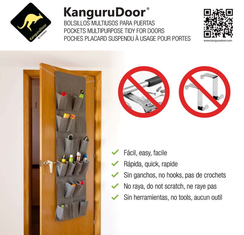 May include: A gray fabric over-the-door organizer with multiple pockets, hanging on a wooden door. The organizer is filled with various items, including shoes, bottles, and other small objects. The image also shows two icons: a red circle with a wrench and a screwdriver crossed out, and a red circle with two silver hooks.