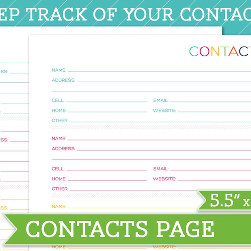 My Contacts Printable Planner Insert Page. A4 Letter A5 | Etsy