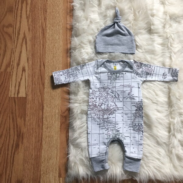 Hello world coming home outfit. Gender neutral. Romper + hat + gray + white. Take home outfit. Boutique. 0-3 months. World map