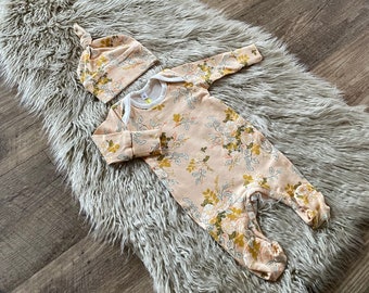 Modern baby footed romper + hat/newborn girl coming home outfit/ welcome home bundle/ vintage floral/0-3 months footie/take home baby girl