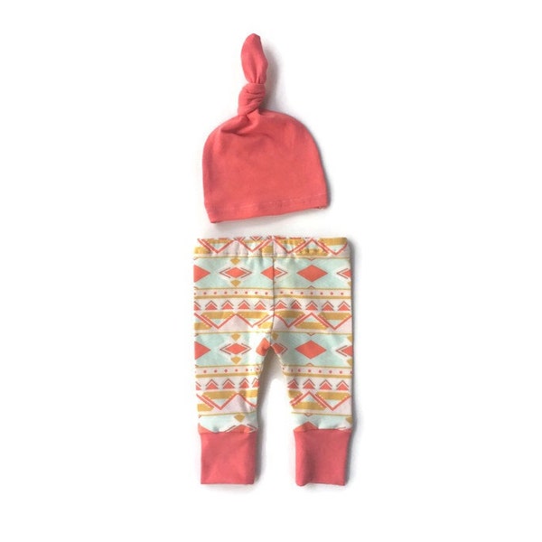 pasgeboren meisje, beenkappen en hoed set, neem thuis outfit, ziekenhuis outfit, mint en koraal