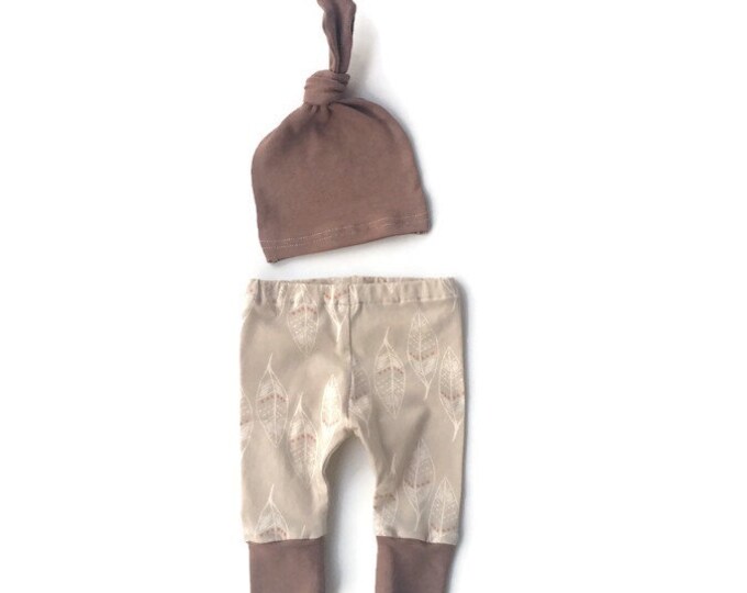 Newborn Boy Pants and Hat Set, Tan Mocha Brown, Leaves Etsy