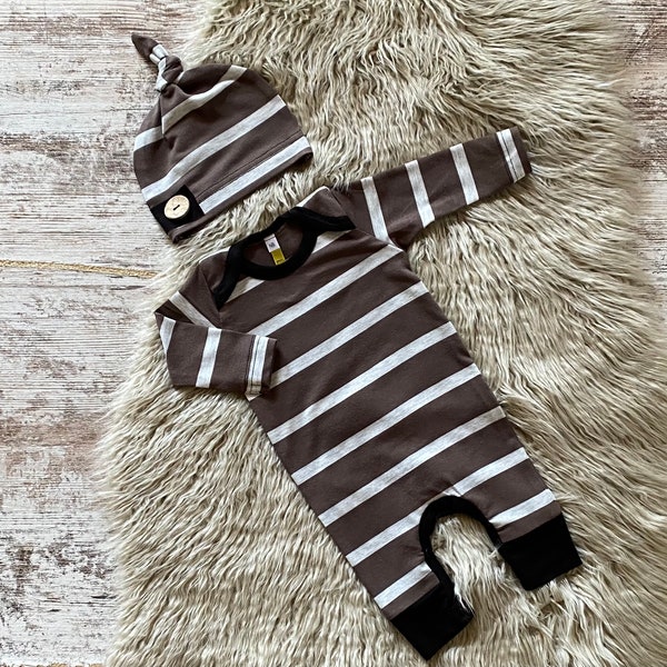 Bamboo newborn boy coming home outfit - baby boy take home outfit - hospital outfit - modern romper - Dark brown + Gray stripes + black