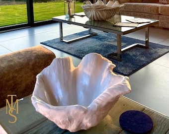 Escultura de concha de almeja gigante blanca pequeña, adorno artístico, cuenco, cuenco para lavabo, casa, invernadero, decoración náutica para playa, decoración de interiores, centros de exhibición