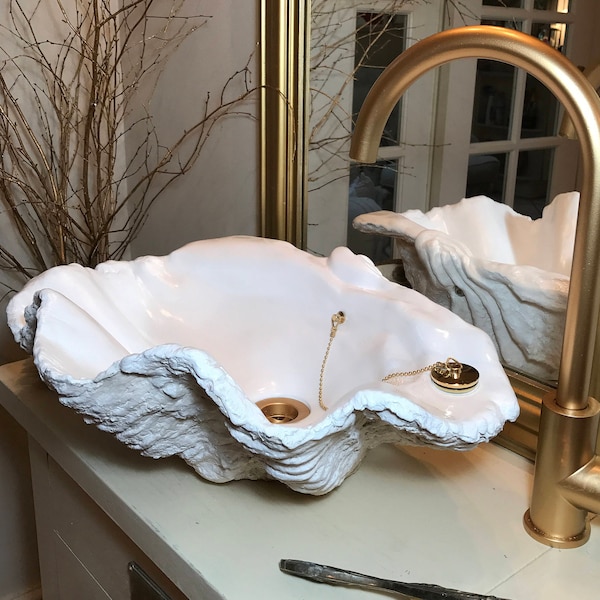 Small Handmade Giant Clam Shell Bathroom Sink Wash Basin Bowl Vessel Counter Top Cloakroom In Pure White Sculpture Art