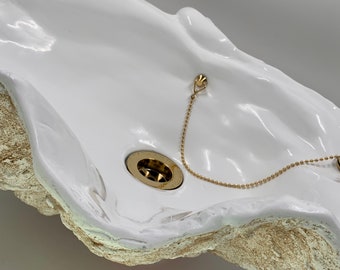 Lavabo pequeño de concha de almeja, cuenco, encimera, escultura artística para guardarropa, acabado a mano "EN ARENA REAL".