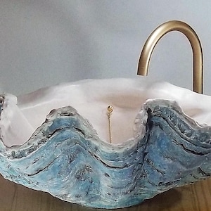Large Giant Clam Shell Bathroom Sink Wash Basin Bowl Counter Top Cloakroom In Aquamarine Blue Sculpture Art