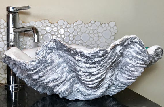 Giant Clam Shell Bathroom Sink Wash Basin Vessel Bowl Sculpture Art Counter Vanity Top Cloakroom In A Silver Shimmer Finish