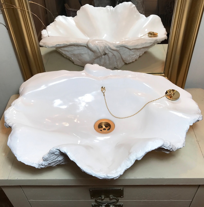 Giant Clam Shell Bathroom Sink Wash Basin Bowl Vessel Counter Top Cloakroom In Pure White Sculpture Art