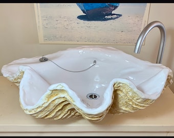 Giant Clam Shell Bathroom Sink Wash Basin Vessel Bowl In Biscuit  Nautical Beach Sculpture shell art