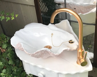 Lavabo pequeño de concha de almeja, lavabo, cuenco, tocador, encimera, guardarropa, escultura artística en rosa ruborizado.