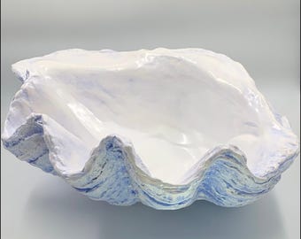 Giant Clam Shell Sculpture Art ornament Bowl Hecho a mano acabado Azure en azul para el hogar Jardín Patio Conservatorio decoración
