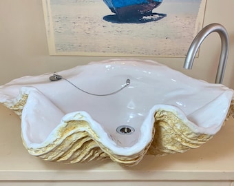Recipiente de baño de concha gigante Lavabo de lavabo Recipiente Recipiente En Blanco Escultura de arte concha Playa náutica marina