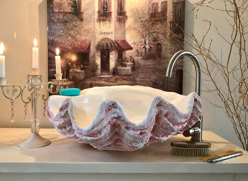 Giant Clam Shell Bathroom Sink Wash Basin Vessel Bowl Sculpture Art Counter Top Cloakroom In Soft Muted Pink