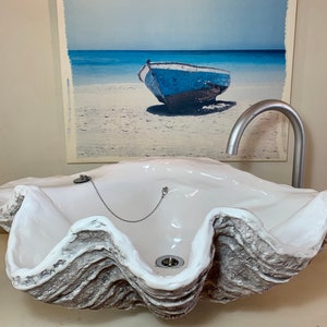 Giant Clam Shell Bathroom Sink Wash Basin Vessel Bowl In Highlighted Grey Nautical Beach Sculpture shell art image 1