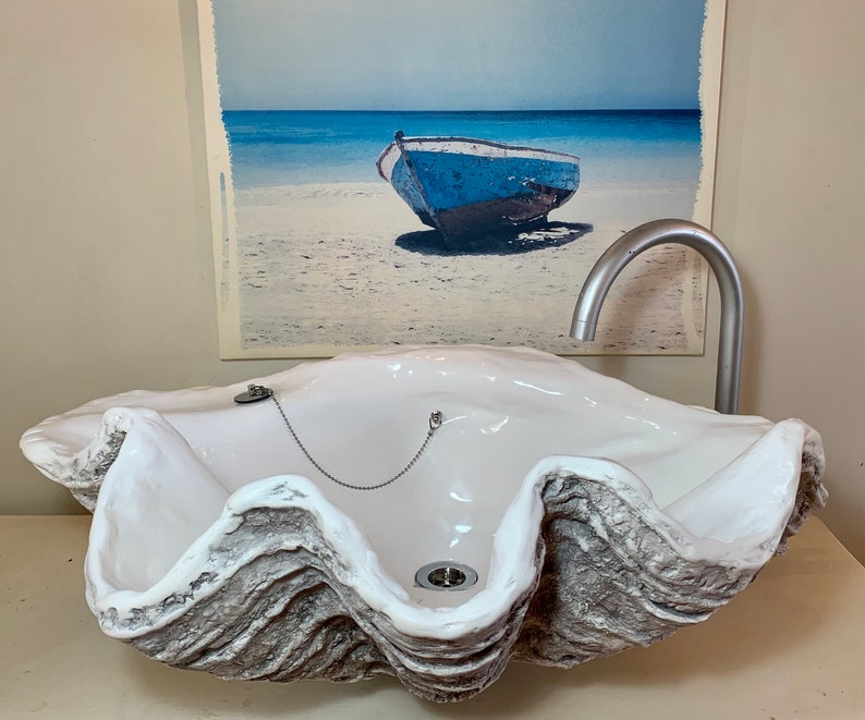 Giant Clam Shell Bathroom Sink Wash Basin Vessel Bowl In Highlighted Grey Nautical Beach Sculpture shell art image 1