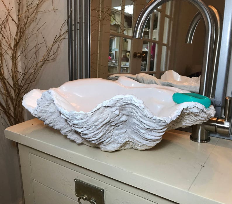 Giant Clam Shell Bathroom Sink Wash Basin Bowl Vessel Counter Top Cloakroom In Pure White Sculpture Art image 5