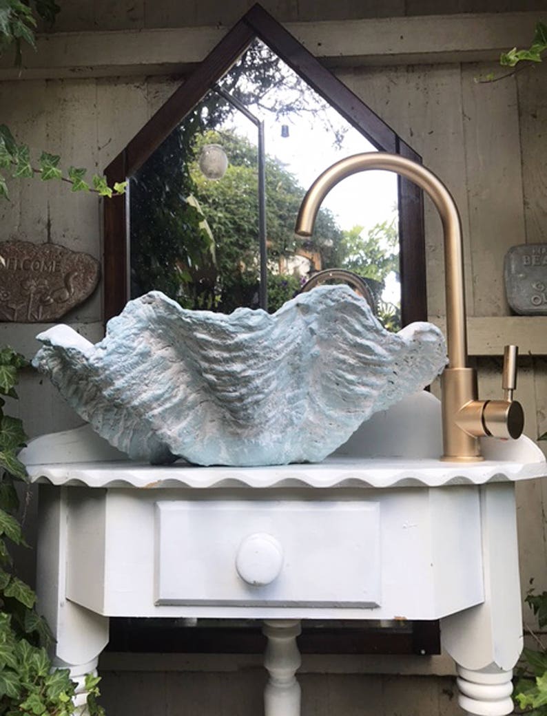 Giant Clam Shell Bathroom Sink Wash Basin Bowl Vessel Counter Top Cloakroom In Duck Egg Blue Sculpture Art