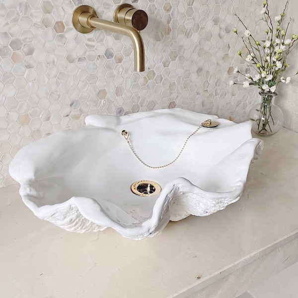Giant Clam Shell Bathroom Sink Wash Basin Bowl Vessel Counter Top Cloakroom In Pure White Sculpture Art