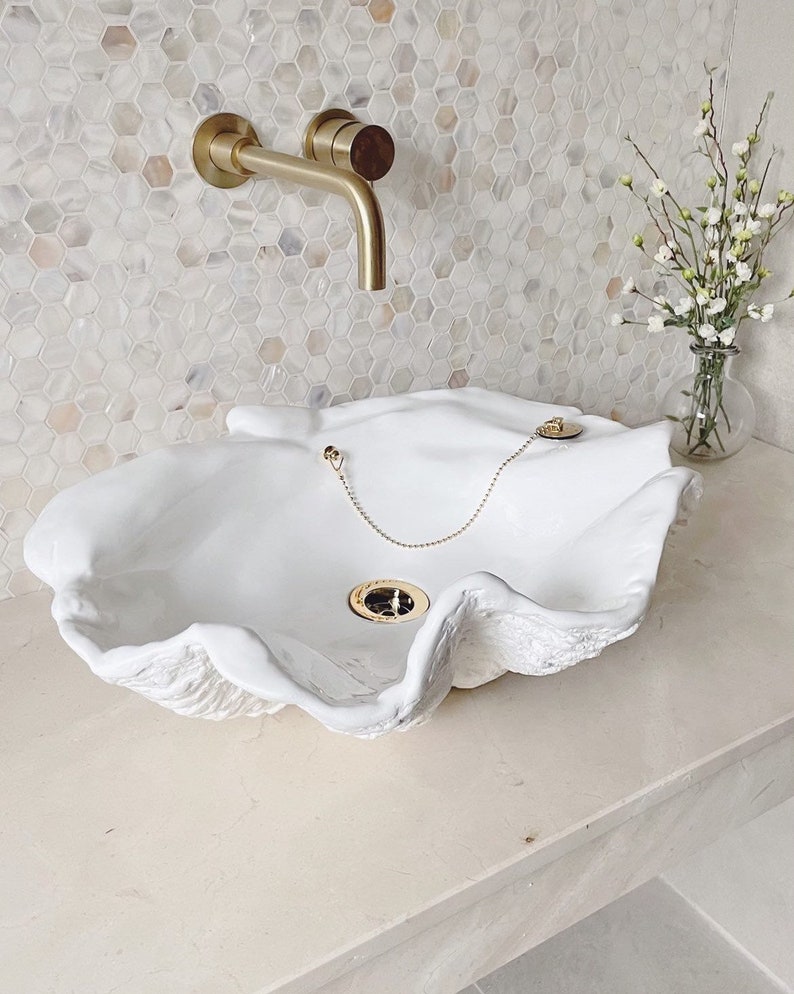 Giant Clam Shell Bathroom Sink Wash Basin Bowl Vessel Counter Top Cloakroom In Pure White Sculpture Art image 1