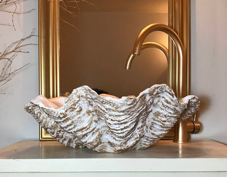 Giant Clam Shell Bathroom Sink Wash Basin Bowl Vessel Counter Top Cloakroom in a Bronze Fleck Sculpture Art image 1