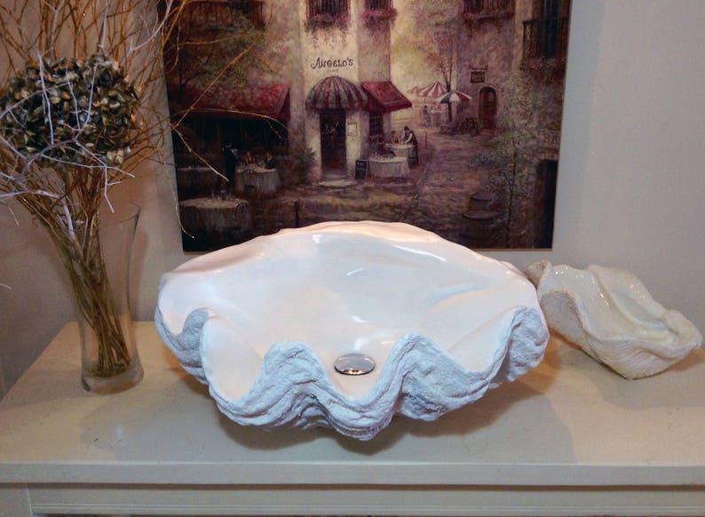 Giant Clam Shell Bathroom Sink Wash Basin Bowl Vessel Counter Top Cloakroom In Pure White Sculpture Art