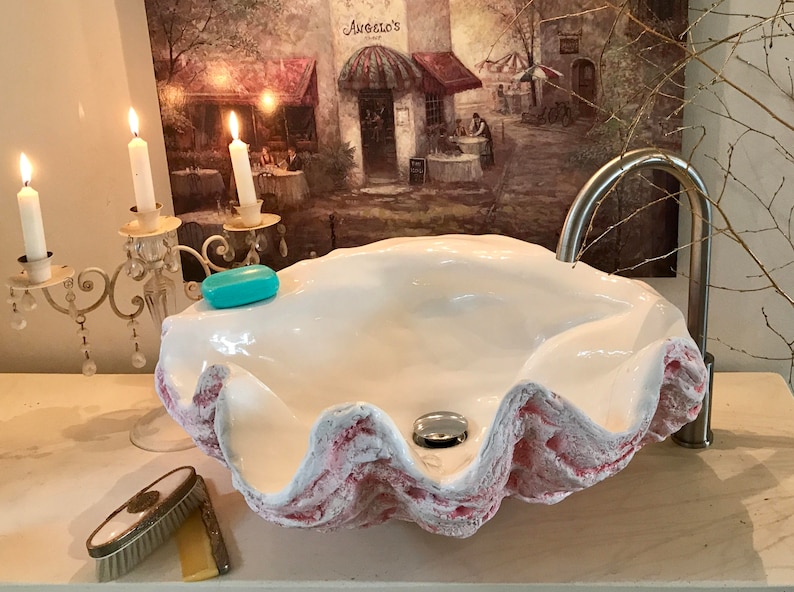 Giant Clam Shell Bathroom Sink Wash Basin Vessel Bowl Sculpture Art Counter Top Cloakroom In Soft Muted Pink