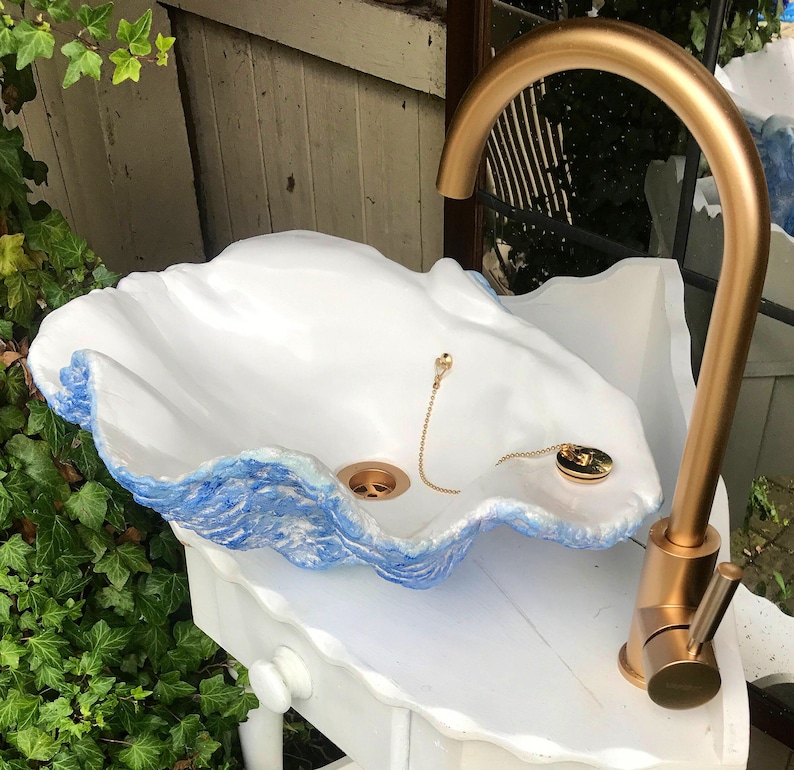 Giant Clam Shell Bathroom Sink Vessel Wash Basin Bowl Sculpture Art Counter Top Vanity Cloakroom Finished In Powder Blue Nautical Marine