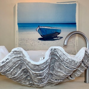 Giant Clam Shell Bathroom Sink Wash Basin Vessel Bowl In Highlighted Grey Nautical Beach Sculpture shell art image 7