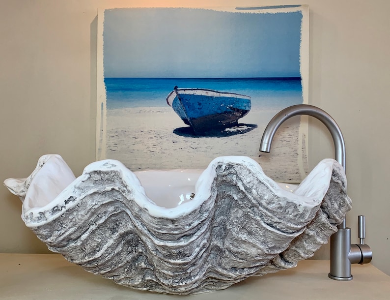 Giant Clam Shell Bathroom Sink Wash Basin Vessel Bowl In Highlighted Grey Nautical Beach Sculpture shell art image 7