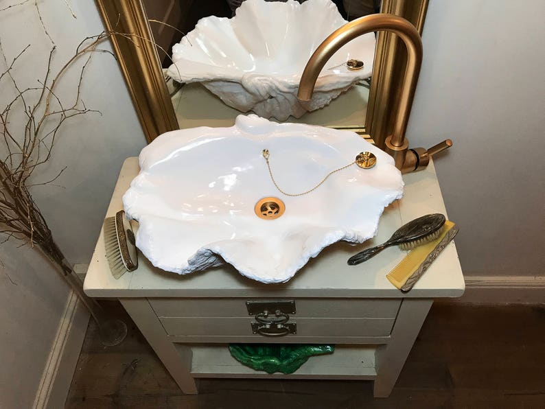 Giant Clam Shell Bathroom Sink Wash Basin Bowl Vessel Counter Top Cloakroom In Pure White Sculpture Art image 7