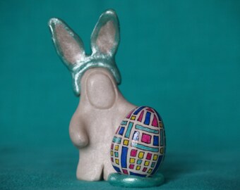 Miniature bunny with Easter egg sculpture, miniature decorated Easter egg, handmade Easter bunny with Easter egg, aqua and white