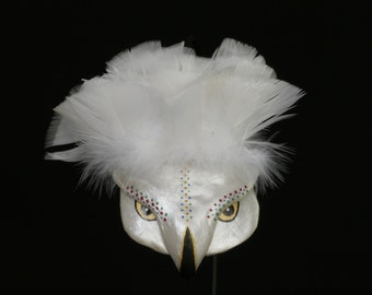 Handmade White Bird wall mask, small decorative white bird wall mask with white feathers made from polymer clay painted w/ metallic acrylics