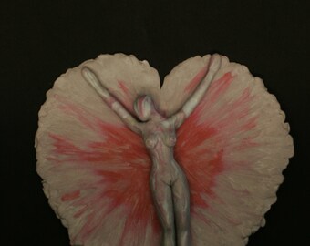 Fine art figurative sculpture,small nude female sculpture, female on heart sculpture, expressive fine art, art therapy, Ann Whitworth mature