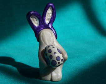 Miniature bunny with Easter egg sculpture, miniature decorated Easter egg, handmade Easter bunny with egg, polka dots, purple and white
