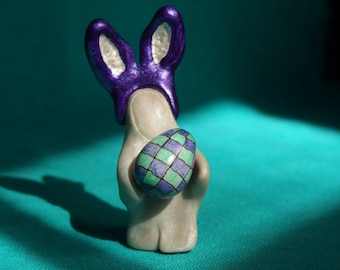 Miniature bunny with Easter egg sculpture, miniature decorated Easter egg, handmade Easter bunny with egg, purple and green and white