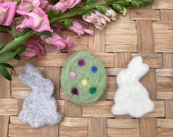 felt Easter ornaments, white and gray bunnies and green polka dot egg, wool felt Easter decorations