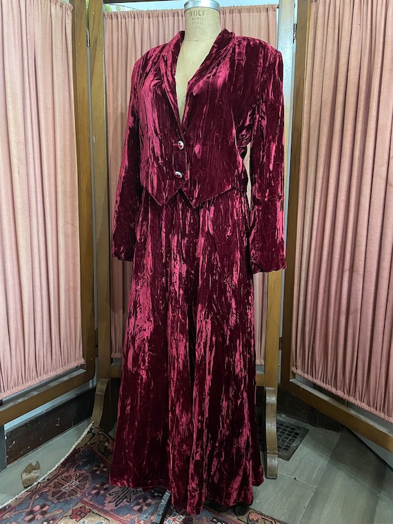 Long Wine Velvet Drape Skirt, Top And Jacket Set