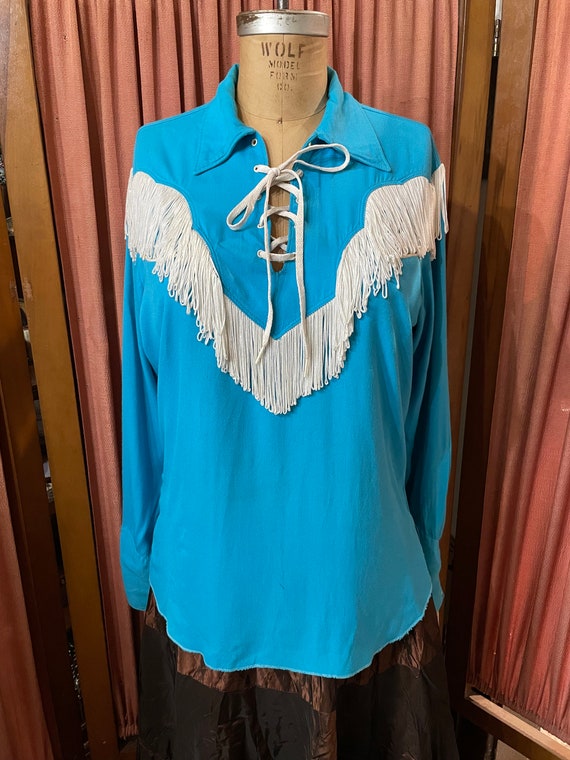 Nudie style western fringe pullover turquoise west